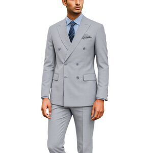 Solid Light Grey Double Breasted 2 Piece Tailored Fit Azzuro Men's Suit